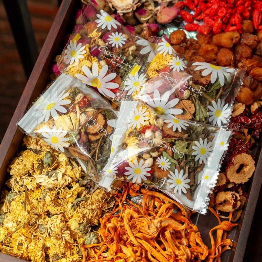 herbal tea selection in decorative packaging