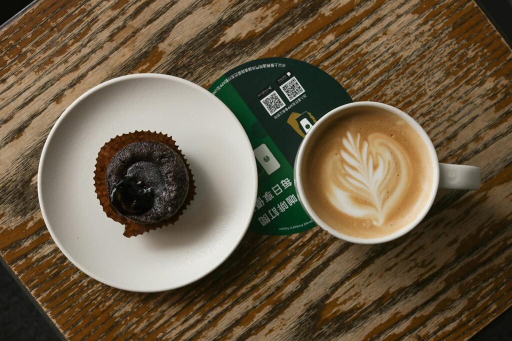 coffee and cupcake on a wooden table