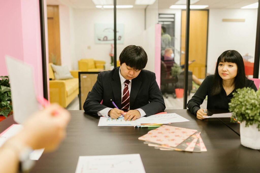 two people having a meeting in the office